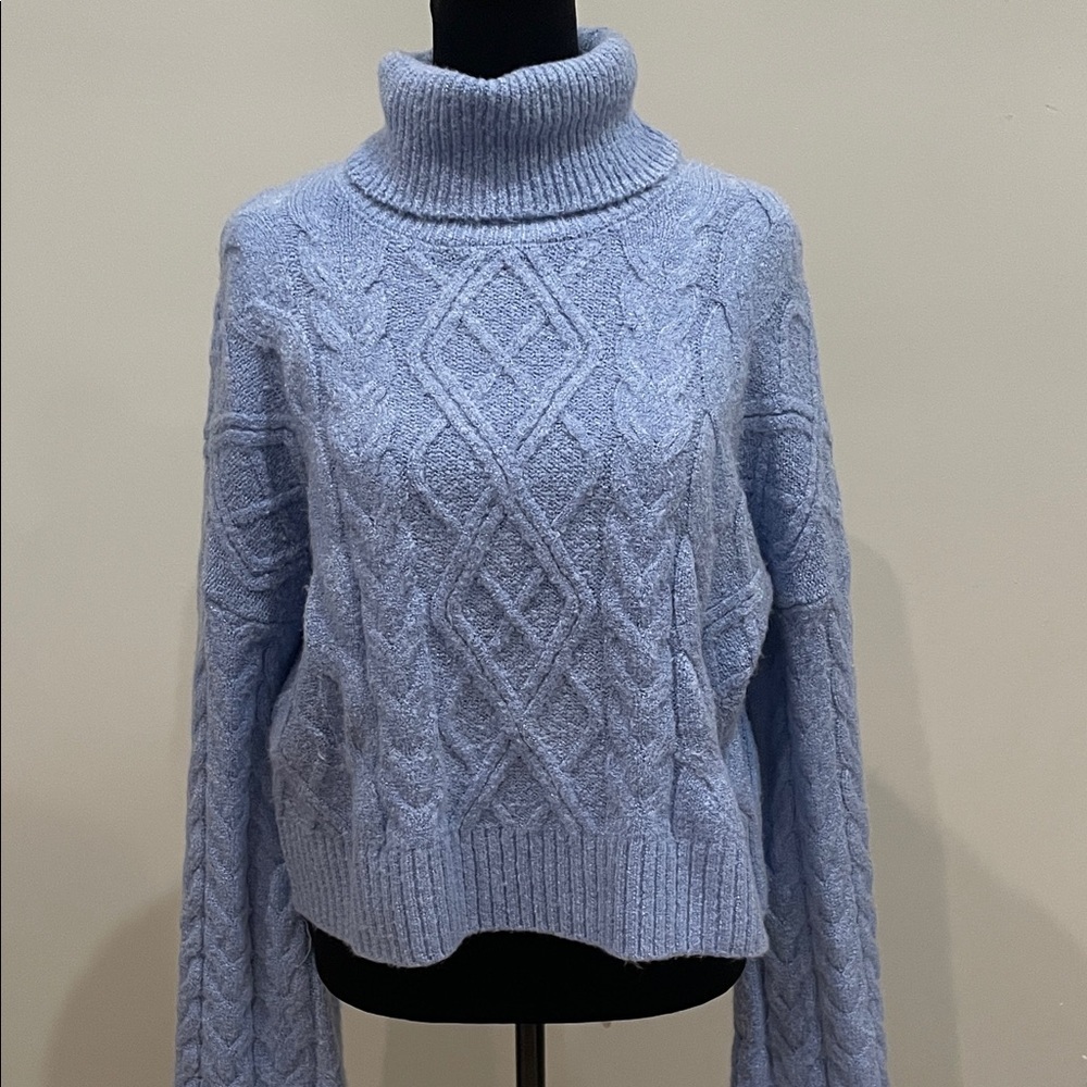 Women's Blue Cable Knit Turtleneck Sweater fashion nova medium